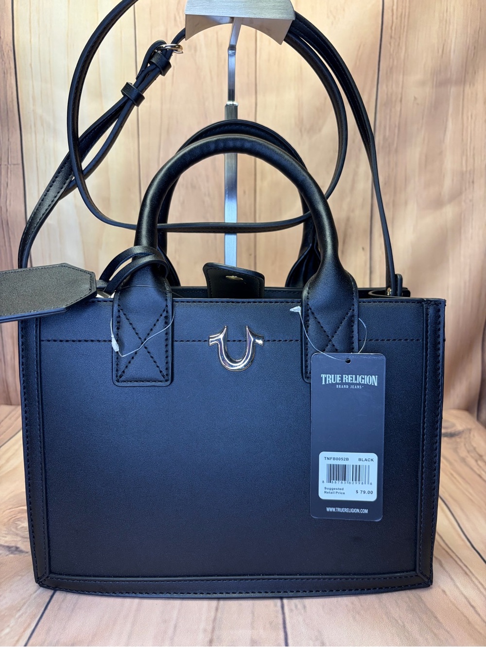 True Religion Black Structured Leather Satchel with Logo Hardware